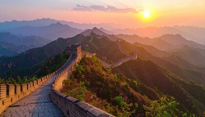 sunset view of the great wall of china winding across mountain peaks with golden light and dramatic sky tones
