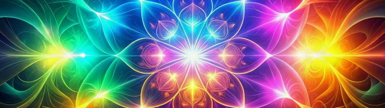 Abstract colorful flower with glowing petals emanating light beams.