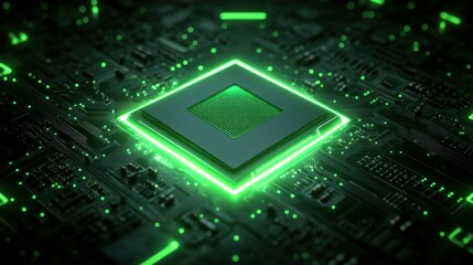 High-tech CPU on circuit board, glowing green