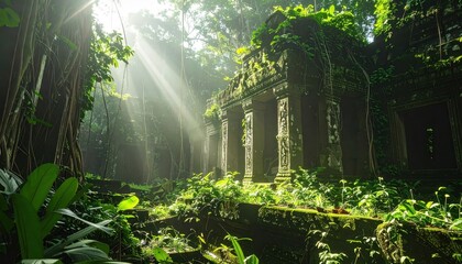 ancient jungle-covered temple ruins bathed in sunbeams and mystery, blending stone architecture with lush natural overgrowth