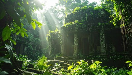 ancient jungle-covered temple ruins bathed in sunbeams and mystery, blending stone architecture with lush natural overgrowth