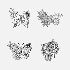 Floral butterfly line art set.