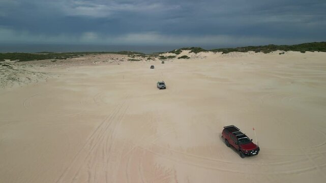 Beachport dunes in South Australia with scattered vegetation and 4WD tracks crossing the terrain
