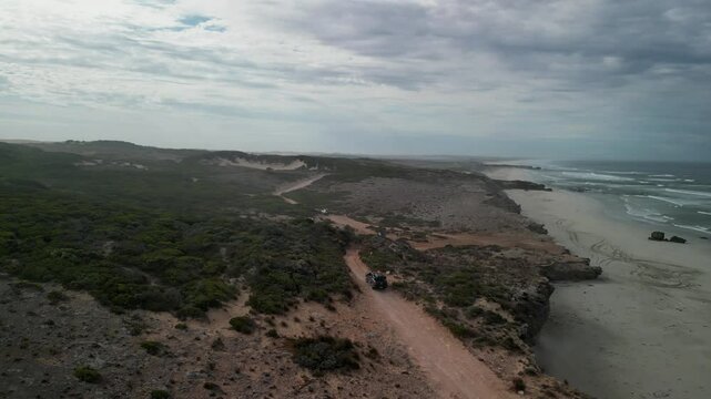 Beachport dunes in South Australia with scattered vegetation and 4WD tracks crossing the terrain