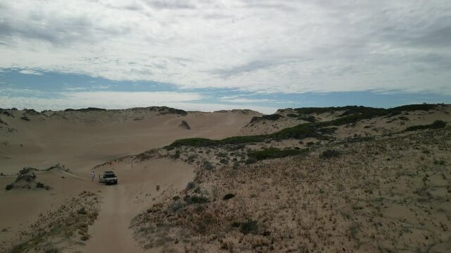 Beachport dunes in South Australia with scattered vegetation and 4WD tracks crossing the terrain