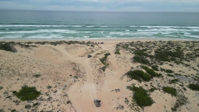 Beachport dunes in South Australia with scattered vegetation and 4WD tracks crossing the terrain