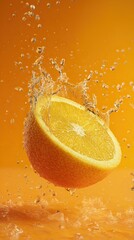 Fresh orange slice with water splash on vibrant orange background