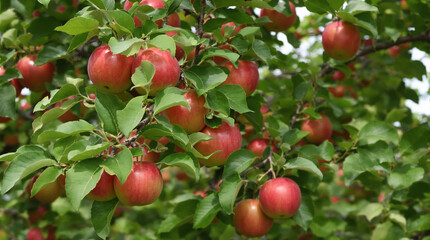 Obraz premium Red apples on a tree branch.