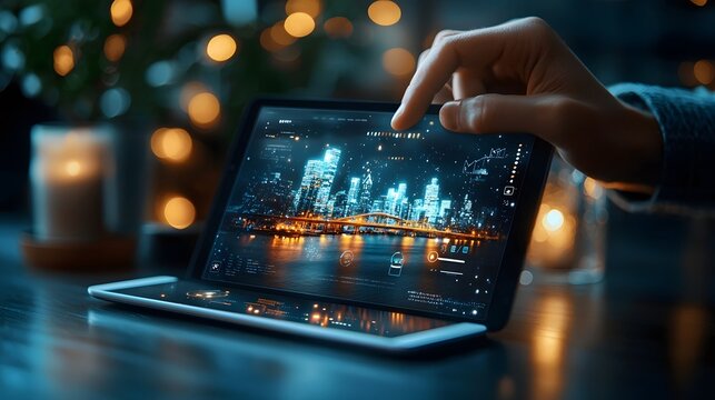 A futuristic depiction of a digital twin hologram of a river spanning bridge projected above a smart tablet on site showcasing the of advanced technology and urban infrastructure