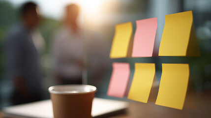 A foreground view of yellow and pink sticky notes on a glass board, with a blurry paper cup, laptop, and two people in the sunlit background, representing a dynamic office brainstorming session.