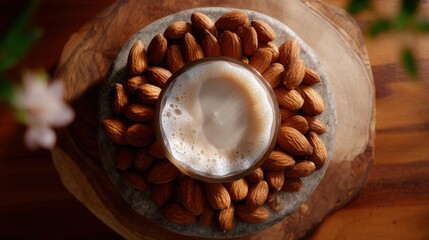 Overhead Shot of Almond Milk in Glass Surrounded by Almonds on Wooden Surface