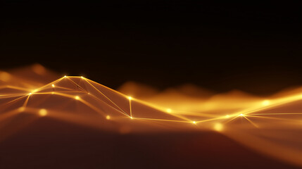 abstract background featuring a flowing network of glowing golden particles connected by illuminated lines, creating a sense of digital data or futuristic landscape against a dark backdrop.