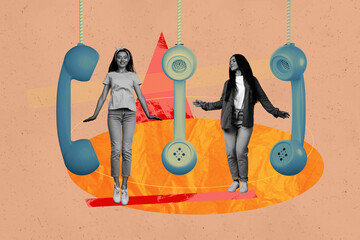 Full 3d poster art collage of happy employee girl guy stand telephone handset telemarketing call...