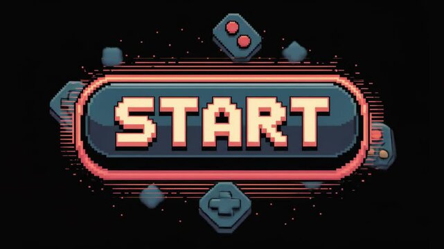 Retro pixelated video game start button graphic for gaming backgrounds and posters