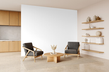 Modern Lounge with Armchairs and Coffee Table PNG – Interior Scene – Transparent Wall Mockup with Realistic Shadows – 3D render