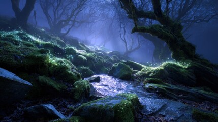 Enchanted Forest at Night: Dark Trees, Mossy Rocks, and a Glimmering Stream
