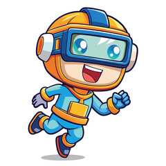 Fototapeta premium Cartoon character, a small, friendly figure in a bright orange and blue spacesuit, running