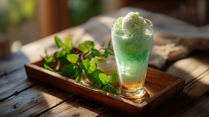 Layered Mint Ice Cream Dessert in Glass on Wooden Tray