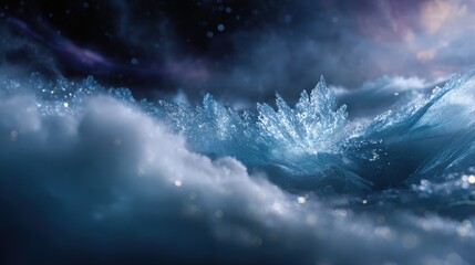 Abstract Crystalline Landscape at Night with Glowing Particles