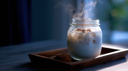 Steaming Hot Drink in Glass Jar on Wooden Tray