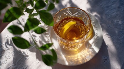 Golden Tea with Lemon Slice in Etched Glass on White Lace