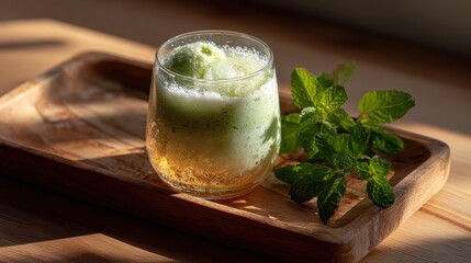 Refreshing Green Mint Beverage in Glass on Wooden Tray