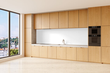 Scandinavian Kitchen with Light Wood Cabinets PNG – Transparent Background Interior Cut Out for Design Projects – Transparent Wall Mockup with Realistic Shadows – 3D render