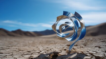 Abstract Metal Rose Sculpture in Arid Desert Landscape