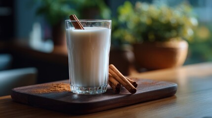 Creamy Milk Drink with Cinnamon Sticks on Wooden Board
