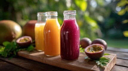 Three Colorful Fruit Smoothies in Glass Bottles on Wooden Board
