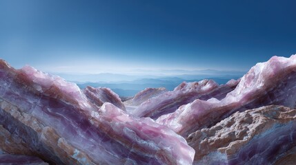 Pink and Brown Crystal Mountain Range under a Clear Blue Sky