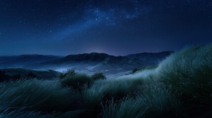 Night Landscape with Milky Way and Starry Sky Over Rolling Hills
