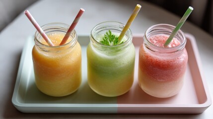Three Colorful Frozen Smoothies in Mason Jars on a Tray