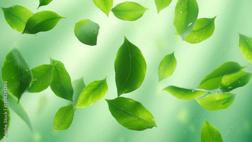 Wall mural multiple vibrant green leaves falling and floating against soft green gradient background. delicate 