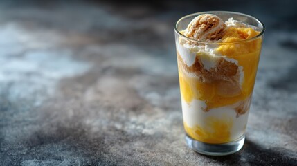 Layered Mango Ice Cream Dessert in Glass on Dark Background