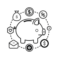 Piggy bank surrounded by financial icons and symbols isolated on white background