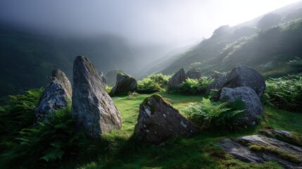 Misty Mountain Sunrise with Ancient Stone Formation