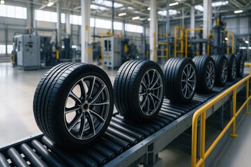 Newly manufactured modern tires advance along the automated production line, ready for distribution showcasing industrial technology and manufacturing excellence.
