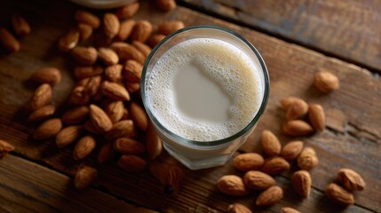 Glass of Almond Milk Surrounded by Almonds on Wooden Table