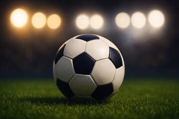 Soccer ball sits center stage, ready for action on lush green grass under bright stadium lights, promising excitement and athletic competition.