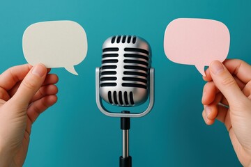Vintage Microphone Centered Between Pink and Cream Speech Bubbles Promotes Open Dialogue and Conversation, Perfect for Podcasting, Audio Recording, or Public Speaking Design.
