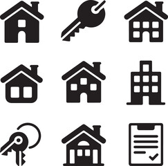 Real Estate Icons House, Building, Key, and Contract Clipart
