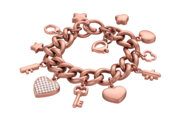 Elegant Rose Gold Charm Bracelet with Heart and Key Pendants Featuring Sparkling Diamond Accents