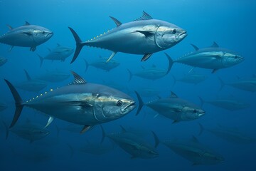 Fototapeta premium Underwater School of Tuna Fish Swimming in Ocean Depths