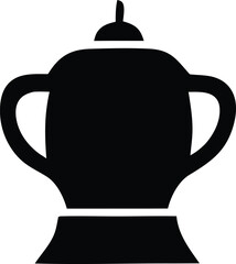 A simple black silhouette of a classic trophy cup with two handles and a lid symbolizing achievement and victory