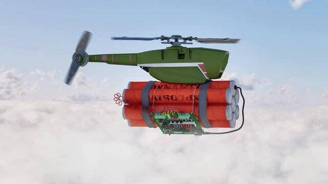 An autonomous AI kamikaze drone, armed with high explosives, flying above the clouds en route to execute a precision strike on its designated target below.
