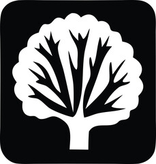 Stylized black and white silhouette of a deciduous tree with a rounded canopy and branching limbs against a solid black background
