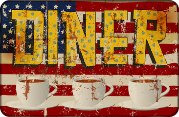 grungy old retro american diner, fast food vintage sign concept, worn and weathered, vector eps