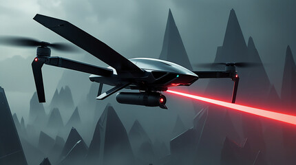 Futuristic Military Drone with Red Laser in Flight – High Tech Surveillance UAV Over Clouds
