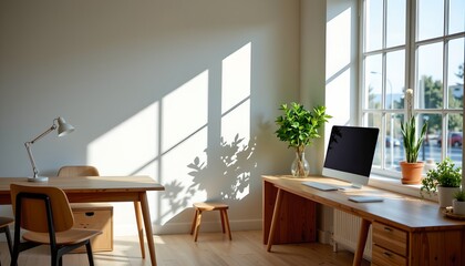 Fototapeta premium a modern, minimalist office space with an open plan layout. a desk with a laptop and keyboard is positioned in front of a large window that lets in natural light